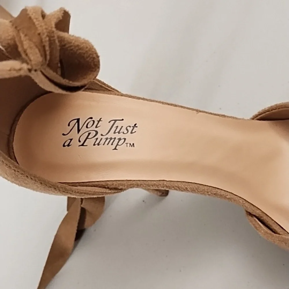 Not Just A Pump 7 Vegan Tan Suede High Heel Ankle Tie Boho Dress Shoe Jean Shoe